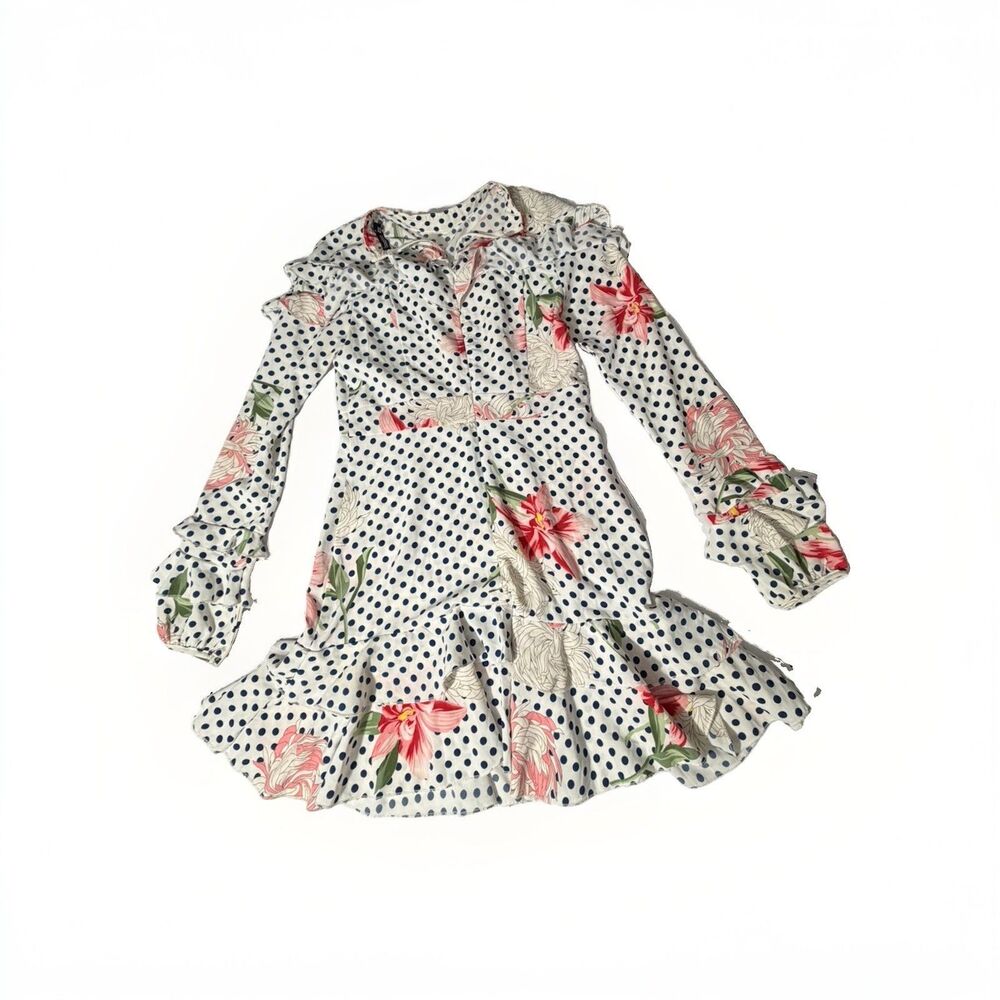 Boohoo Women’s Size 6 Floral Polka Dot Ruffle Long Sleeve Mini Dress White